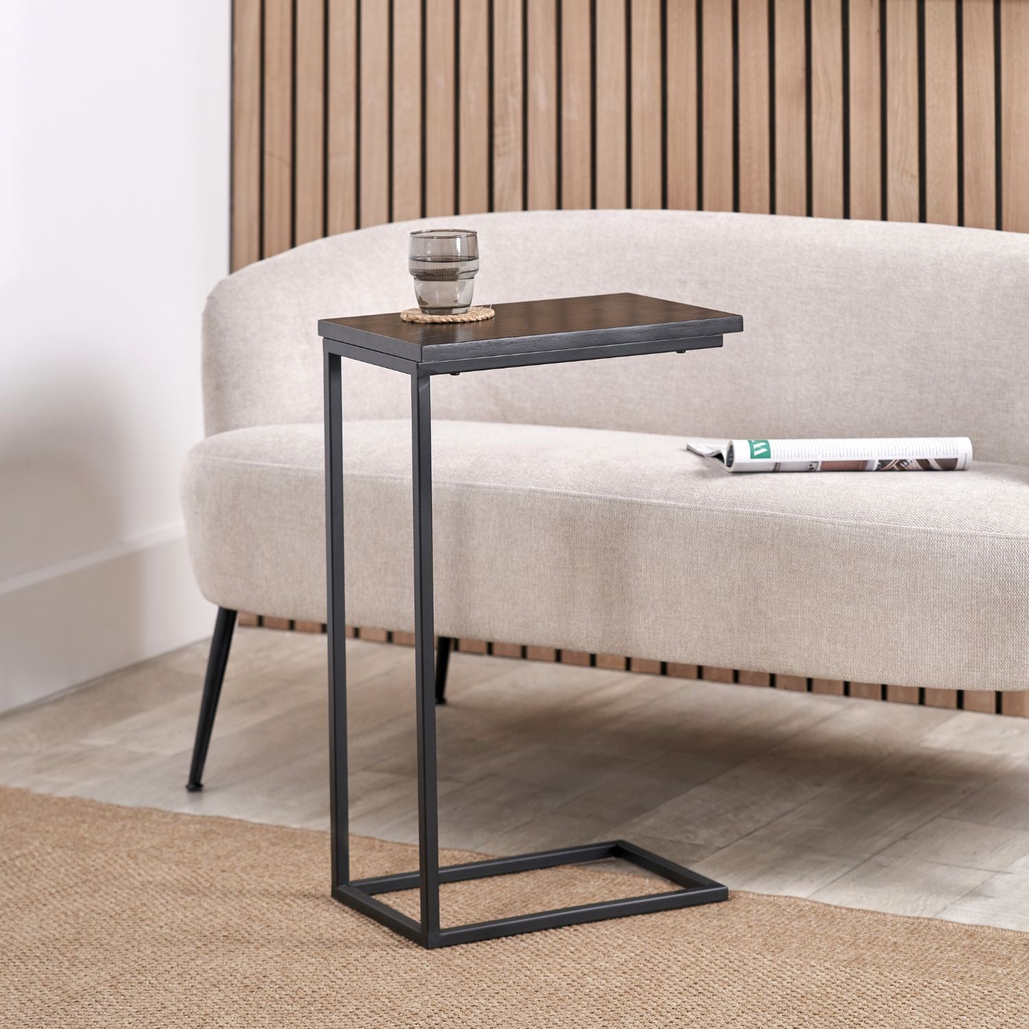 Black Ash Veneer C Table & Sofa Table with Matt Black Metal Frame – Narrow Wooden Supper Side Table 65x40cm - Click Style