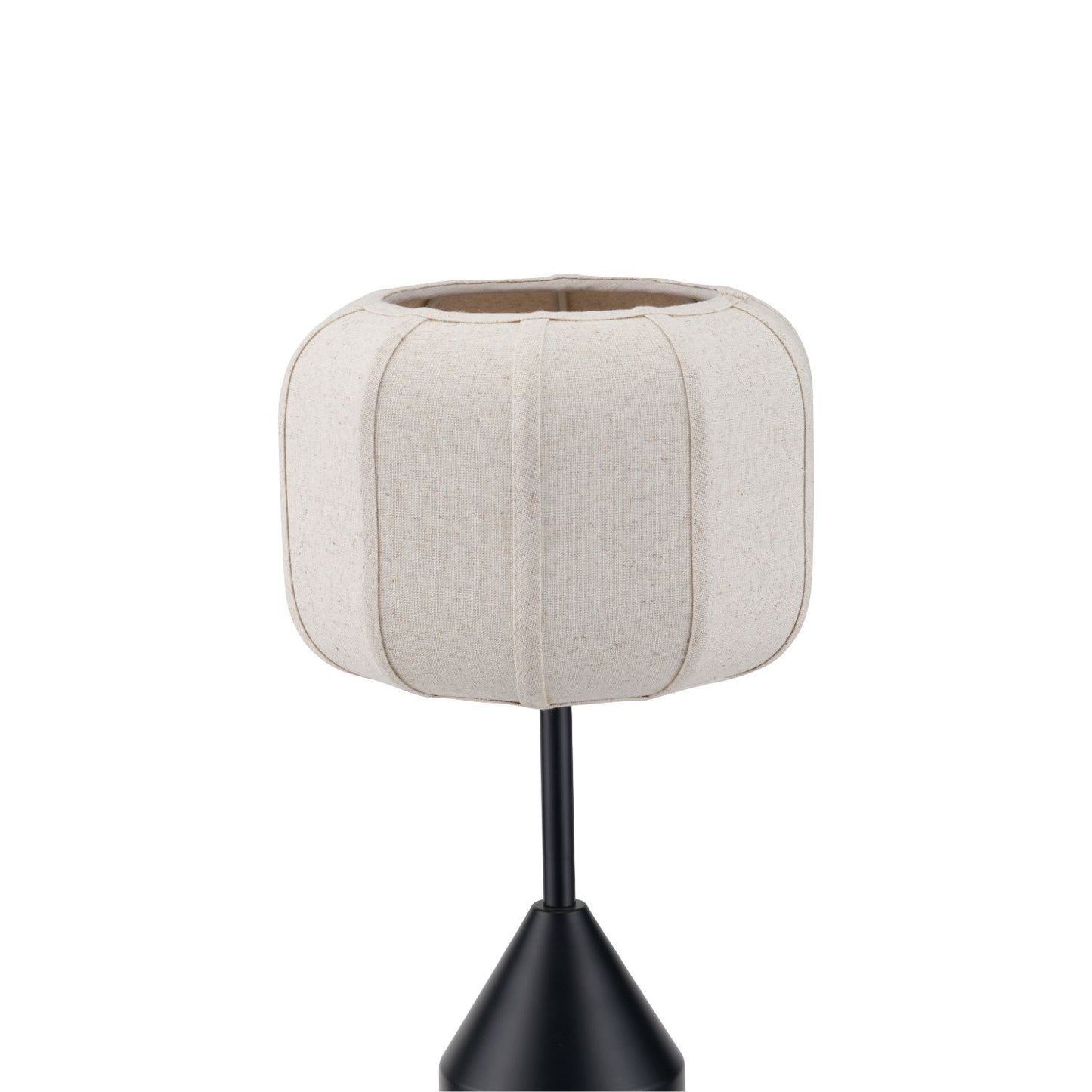 Black Sculptural Metal Table Lamp with Structured Natural Linen Rounded Squat Shade – Contemporary Cream & Black Bedside and Side Table Light 66x34x34cm | Click Style