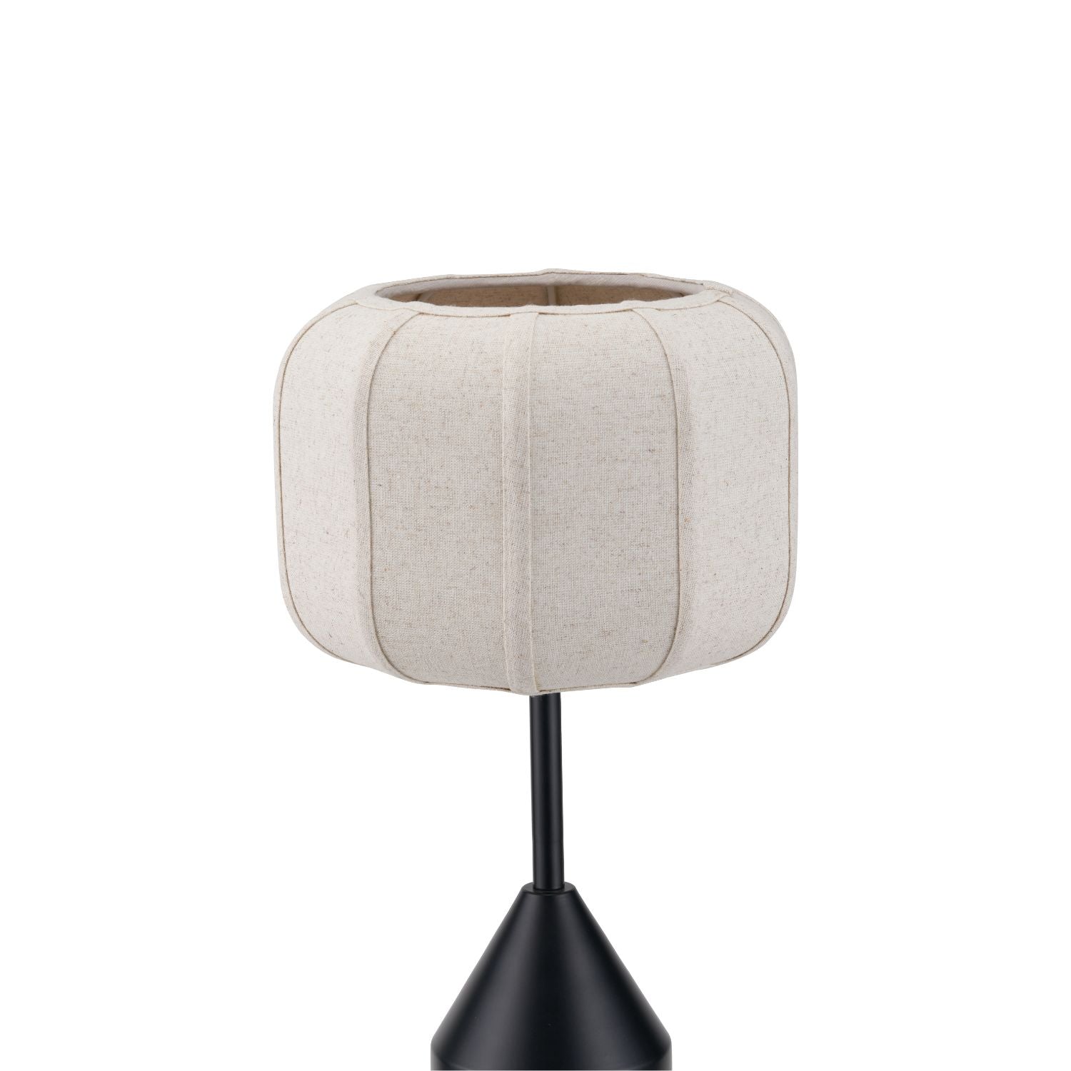 Black Sculptural Metal Table Lamp with Structured Natural Linen Rounded Squat Shade – Contemporary Cream & Black Bedside and Side Table Light 66x34x34cm | Click Style