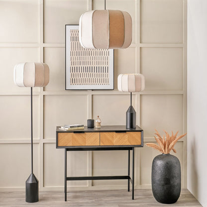 Black Sculptural Metal Table Lamp with Structured Natural Linen Rounded Squat Shade – Contemporary Cream & Black Bedside and Side Table Light 66x34x34cm