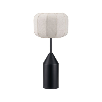 Black Sculptural Metal Table Lamp with Structured Natural Linen Rounded Squat Shade – Contemporary Cream & Black Bedside and Side Table Light 66x34x34cm | Click Style