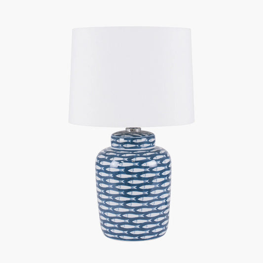 Blue & White Fish Pattern Ceramic Table Lamp with Cream Cotton Tapered Lampshade – Coastal Lighting for Home Decor 50x30cm - Click Style