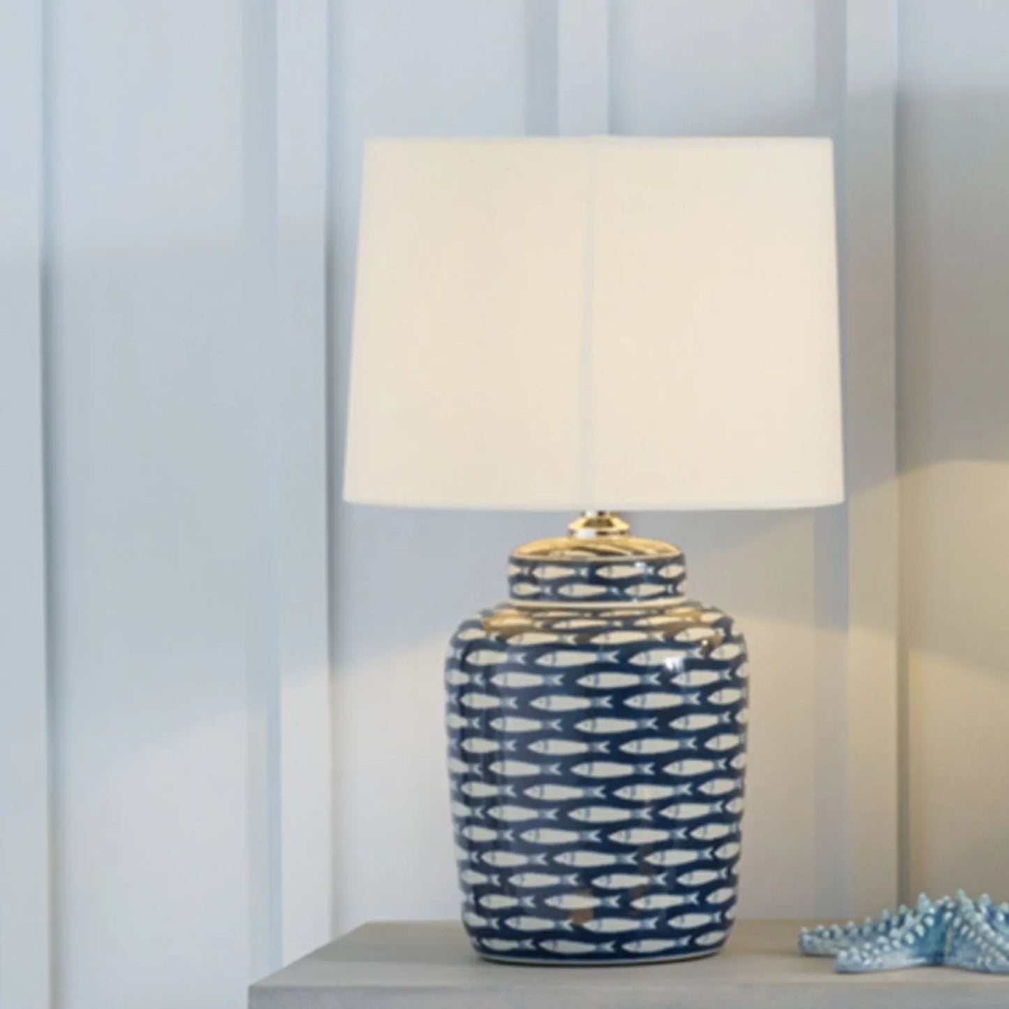 Blue & White Fish Pattern Ceramic Table Lamp with Cream Cotton Tapered Lampshade – Coastal Lighting for Home Decor 50x30cm - Click Style