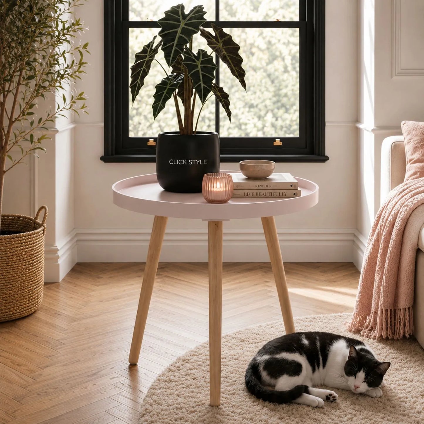 Blush Pink Round Tripod Side Table with Pine Wooden Legs – Small Bedside or Coffee Table 43.5x41cm with Raised Lipped Top and Natural Pine Legs | Click Style
