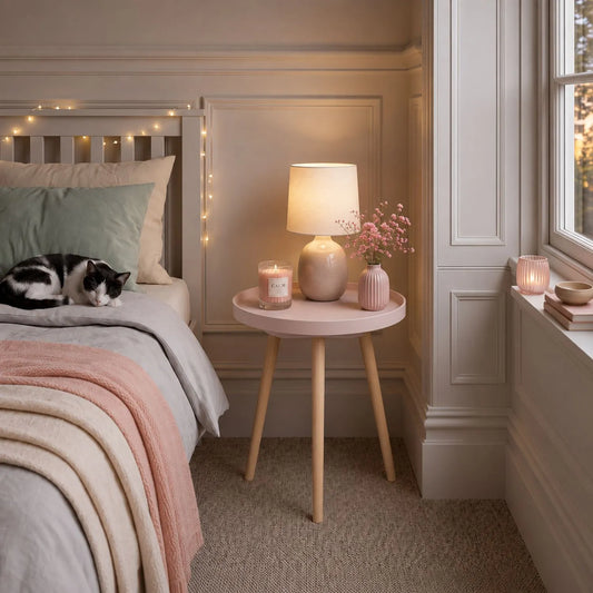 Blush Pink Round Tripod Side Table with Pine Wooden Legs – Small Bedside or Coffee Table 43.5x41cm with Raised Lipped Top and Natural Pine Legs | Click Style