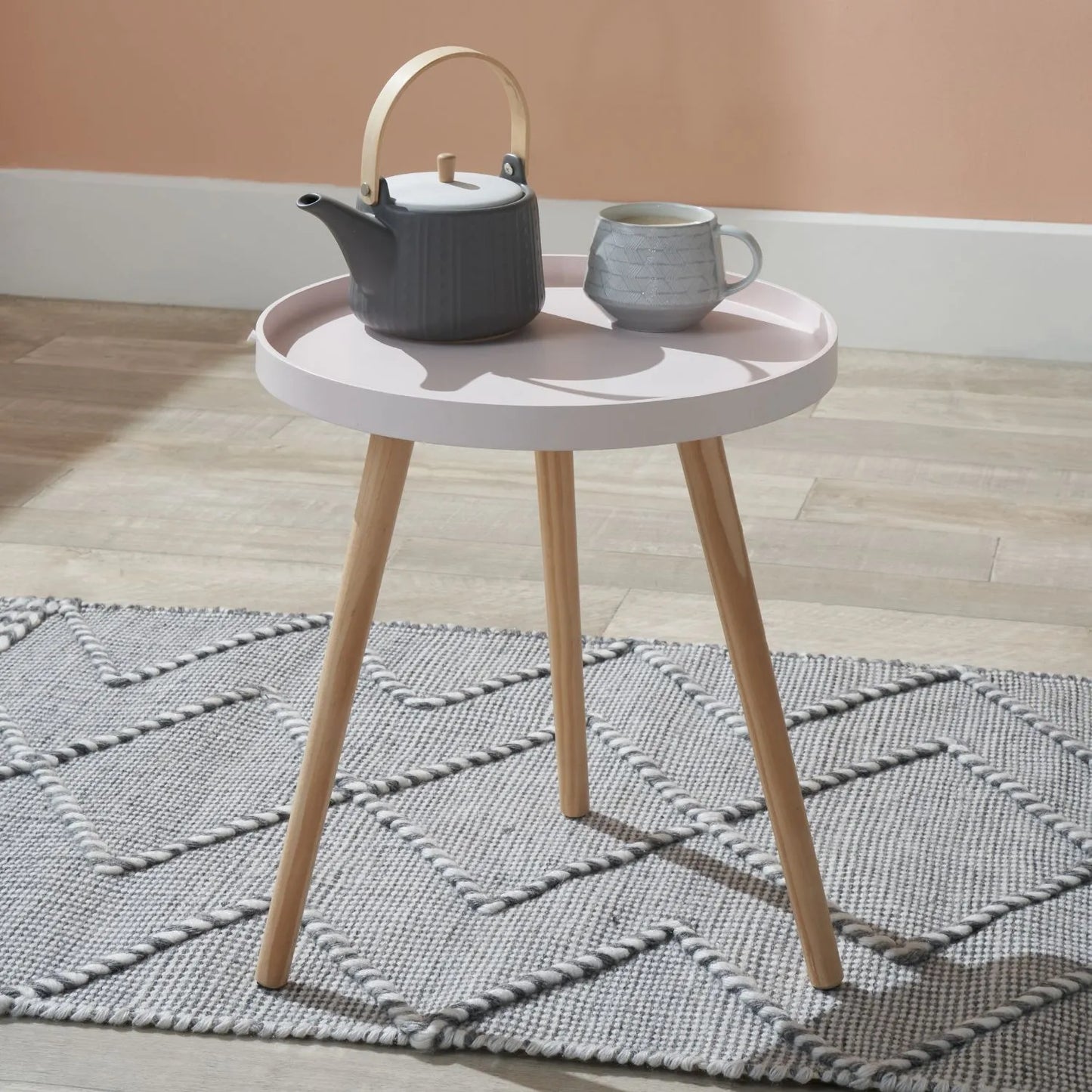 Blush Pink Round Tripod Side Table with Pine Wooden Legs – Small Bedside or Coffee Table 43.5x41cm - Click Style