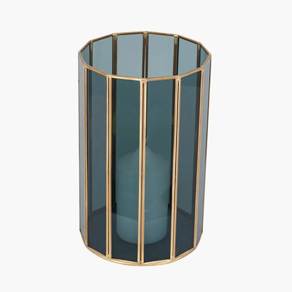 Brass Hurricane Lantern with 12-Sided Smoked Glass Panels – Decorative Candle Holder 31x20x20cm - Click Style