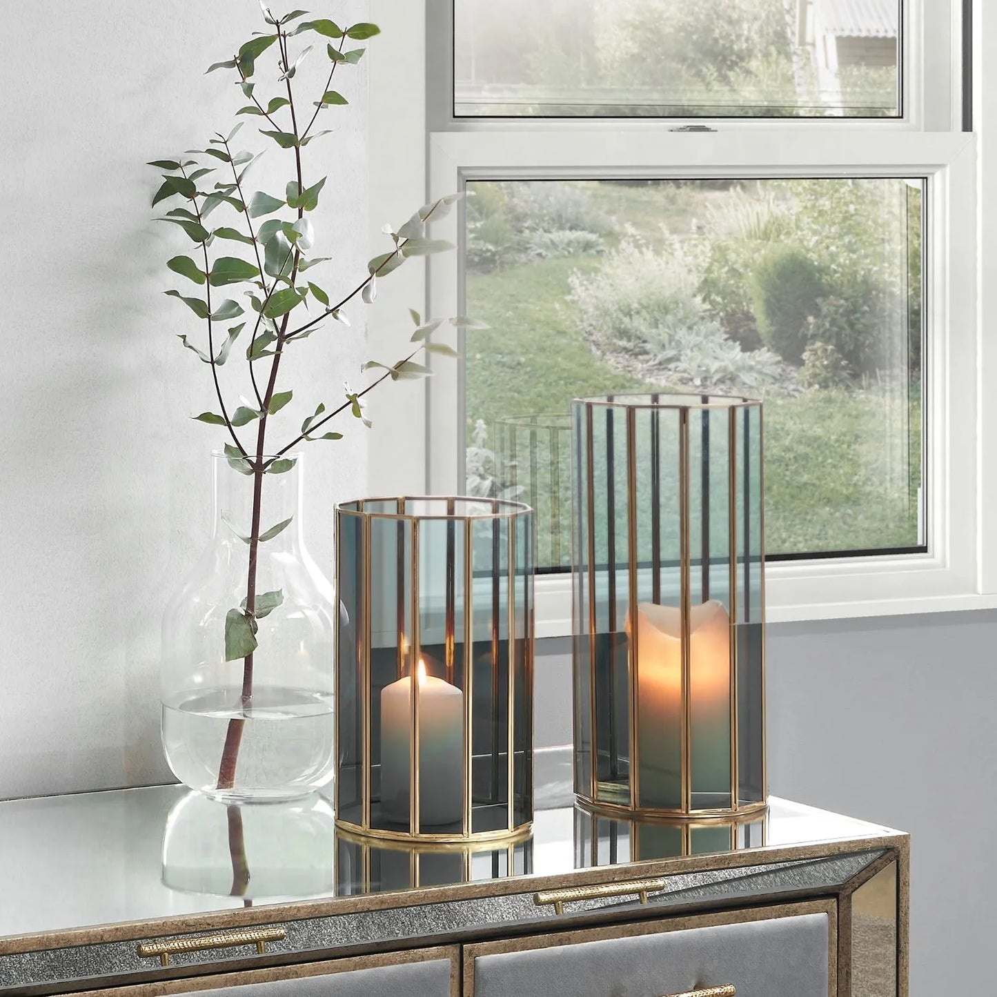 Brass Hurricane Lantern with 12-Sided Smoked Glass Panels – Decorative Candle Holder 31x20x20cm - Click Style