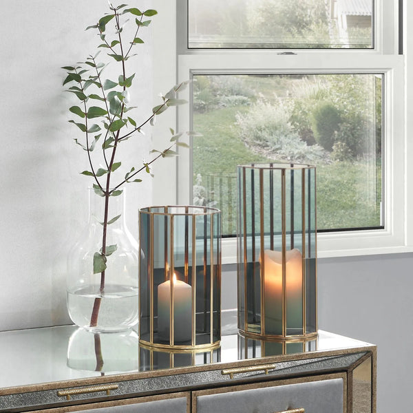 Brass Hurricane Lantern with 12-Sided Smoked Glass Panels