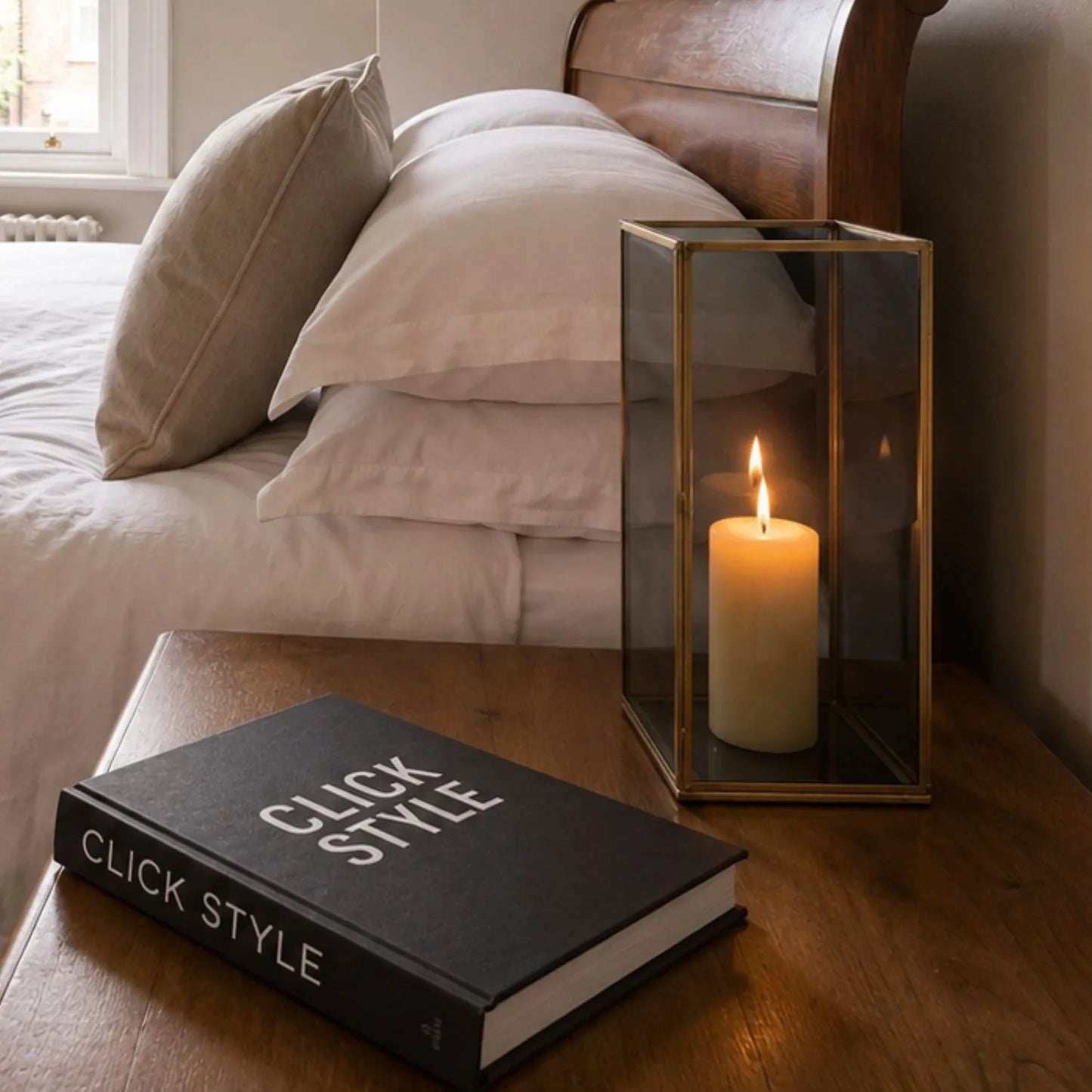 Brass Hurricane Lantern with Smoked Glass Panels – Decorative Rectangular Candle Holder 26x13x13cm with Smoked Glass and Brass Frame | Click Style