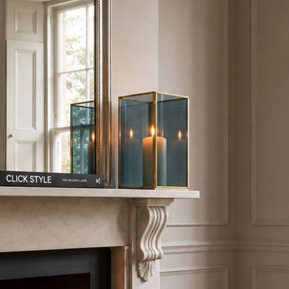 Brass Hurricane Lantern with Smoked Glass Panels – Decorative Rectangular Candle Holder 26x13x13cm with Smoked Glass and Brass Frame | Click Style