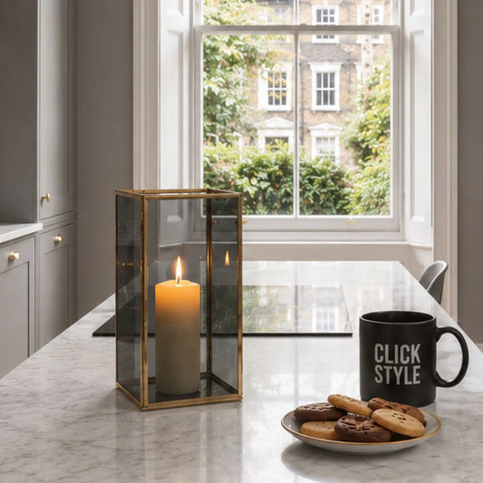 Brass Hurricane Lantern with Smoked Glass Panels – Decorative Rectangular Candle Holder 26x13x13cm with Smoked Glass and Brass Frame | Click Style