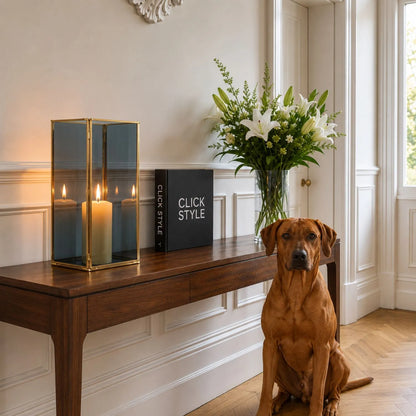 Brass Hurricane Lantern with Smoked Glass Panels – Decorative Rectangular Candle Holder 26x13x13cm with Smoked Glass and Brass Frame | Click Style