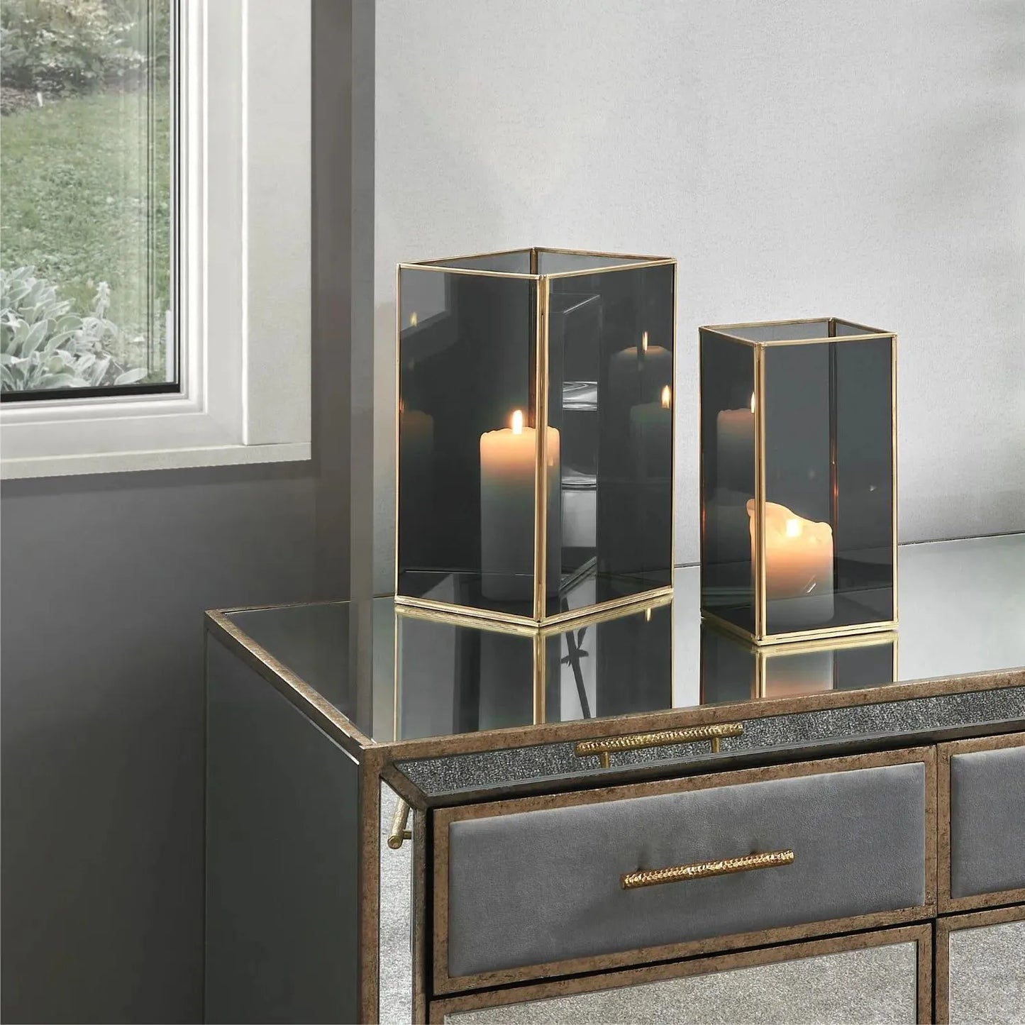 Brass Hurricane Lantern with Smoked Glass Panels – Decorative Rectangular Candle Holder 26x13x13cm - Click Style