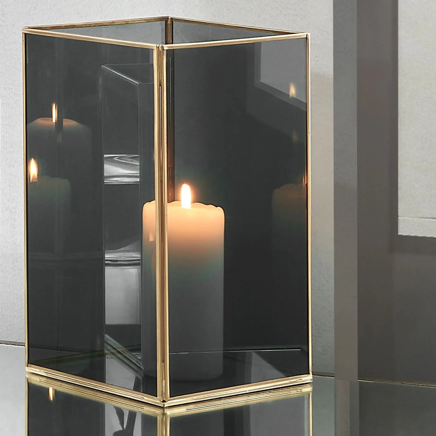 Brass Hurricane Lantern with Smoked Glass Panels – Decorative Rectangular Candle Holder 31x18x18cm - Click Style