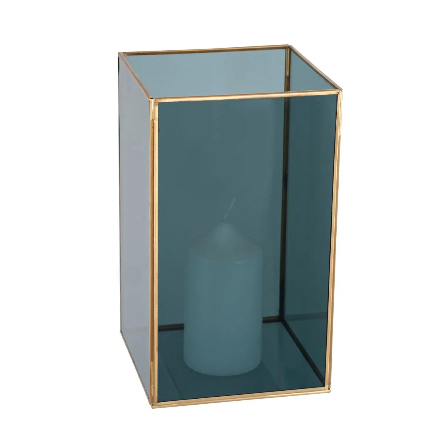 Brass Hurricane Lantern with Smoked Glass Panels – Decorative Rectangular Candle Holder 31x18x18cm - Click Style