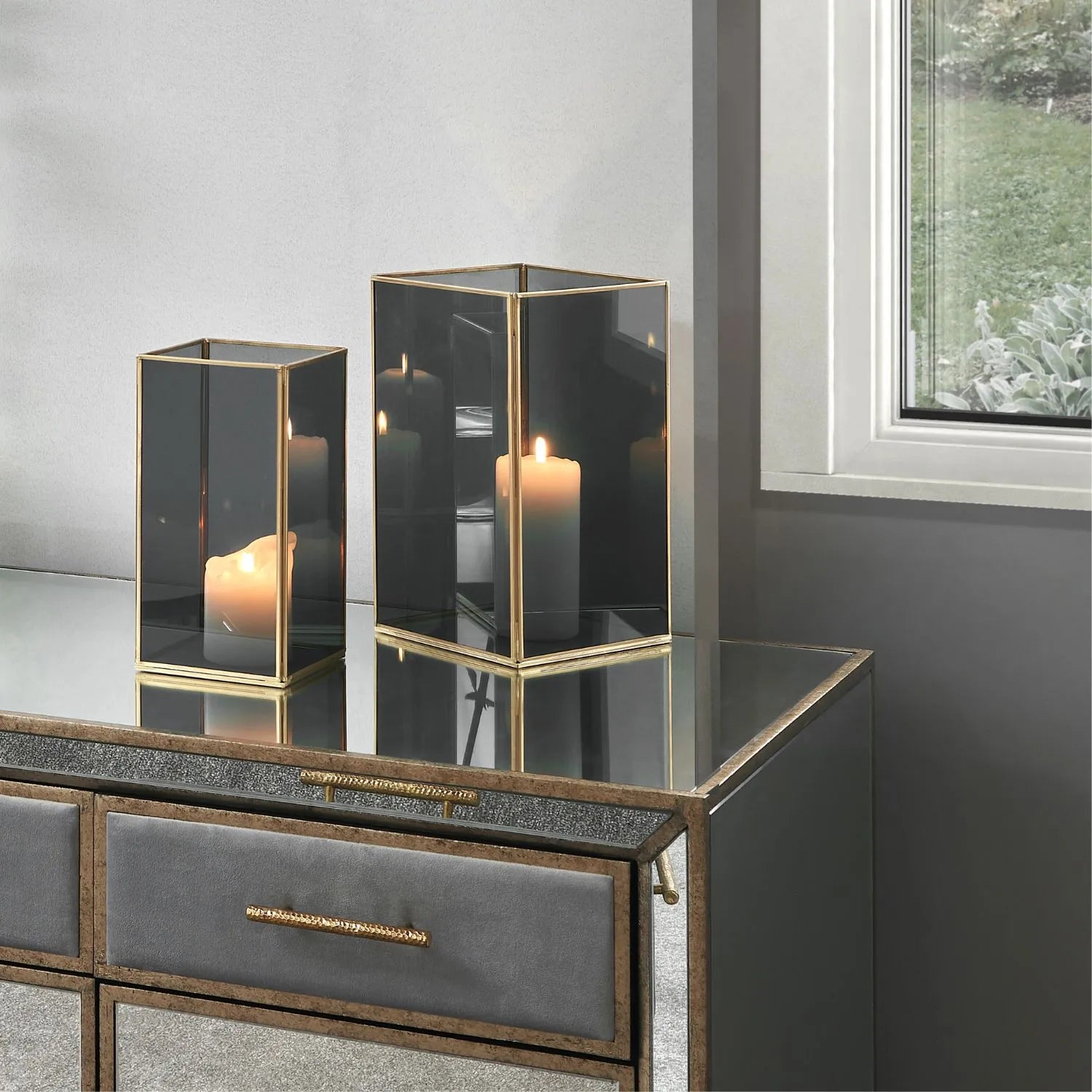 Brass Hurricane Lantern with Smoked Glass Panels – Decorative Rectangular Candle Holder 31x18x18cm - Click Style