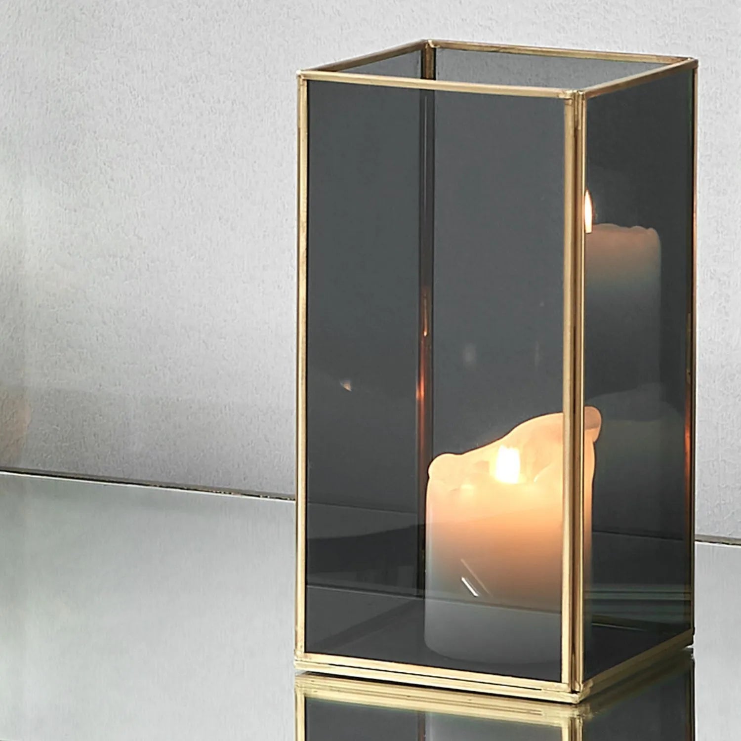 Brass Hurricane Lantern with Smoked Glass Panels – Decorative Rectangular Candle Holder 26x13x13cm - Click Style