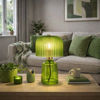 Bright Green Glass Table Lamp with Dome-Shaped Ribbed Chartreuse Glass Shade & Gold Lampholder – Retro Eclectic Bedside & Side Table Light 37x20x20cm | Click Style