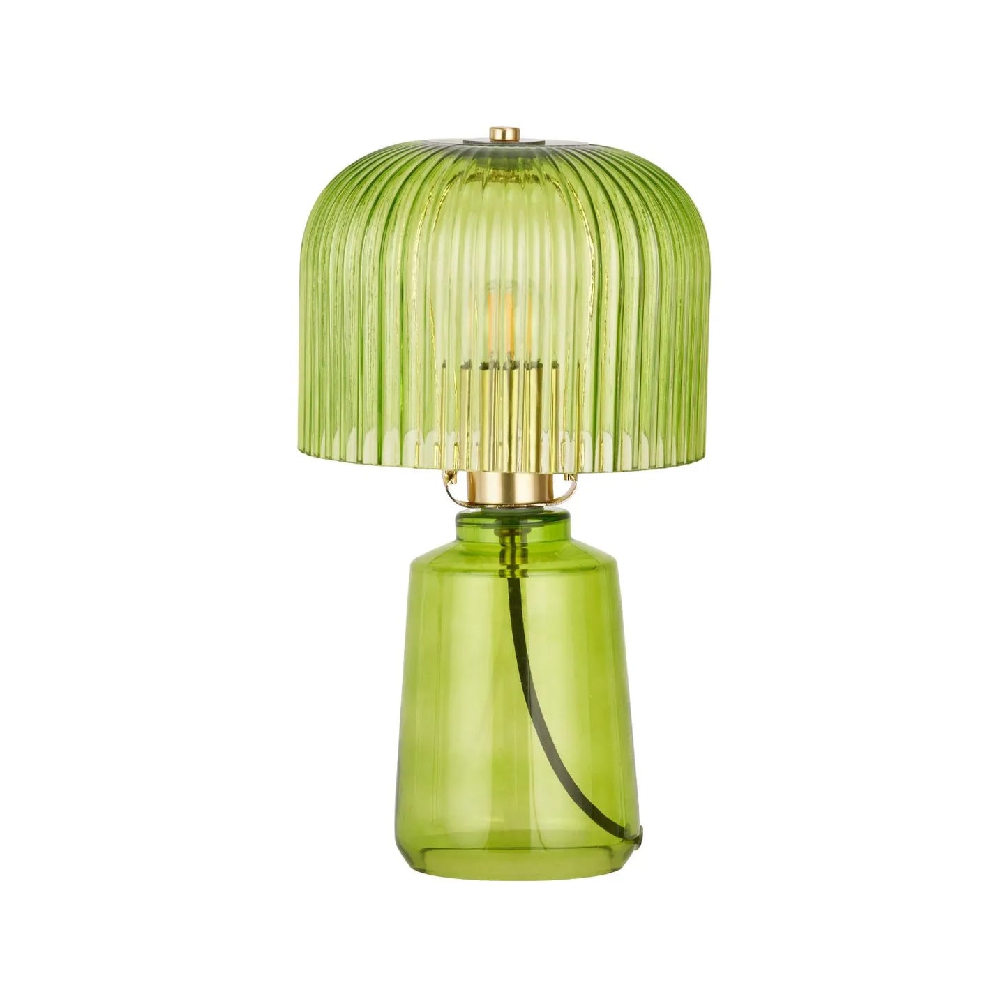 Bright Green Glass Table Lamp with Dome-Shaped Ribbed Chartreuse Glass Shade & Gold Lampholder – Retro Eclectic Bedside & Side Table Light 37x20x20cm | Click Style
