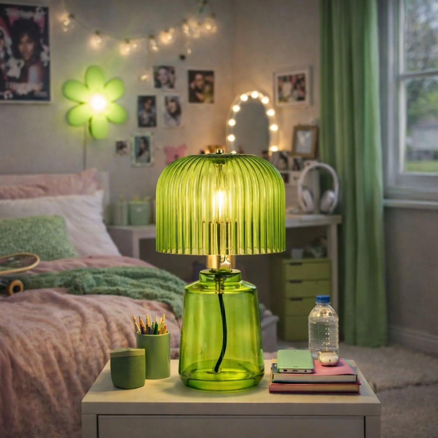 Bright Green Glass Table Lamp with Dome-Shaped Ribbed Chartreuse Glass Shade & Gold Lampholder – Retro Eclectic Bedside & Side Table Light 37x20x20cm | Click Style