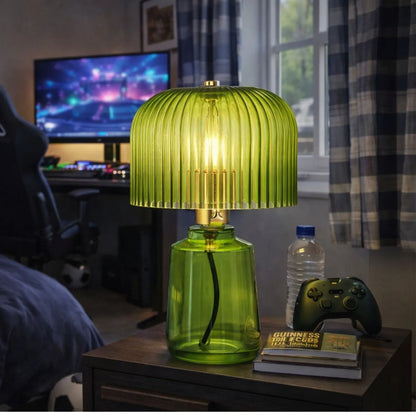 Bright Green Glass Table Lamp with Dome-Shaped Ribbed Chartreuse Glass Shade & Gold Lampholder – Retro Eclectic Bedside & Side Table Light 37x20x20cm | Click Style
