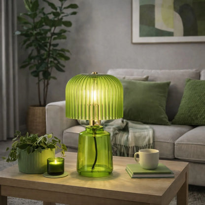 Bright Green Glass Table Lamp with Dome-Shaped Ribbed Chartreuse Glass Shade & Gold Lampholder – Retro Eclectic Bedside & Side Table Light 37x20x20cm | Click Style
