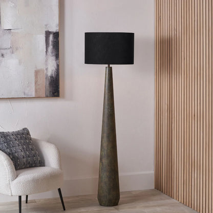 Brown & Green Aged Metal Floor Lamp with 45cm Black Self-Lined Linen Drum Shade 159x45x45cm | Click Style