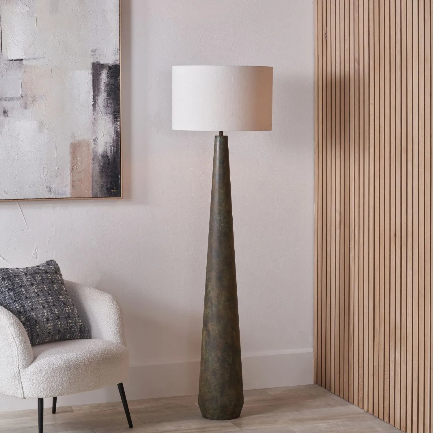 Brown & Green Aged Metal Floor Lamp with 45cm White Self-Lined Linen Drum Shade 159x45x45cm | Click Style