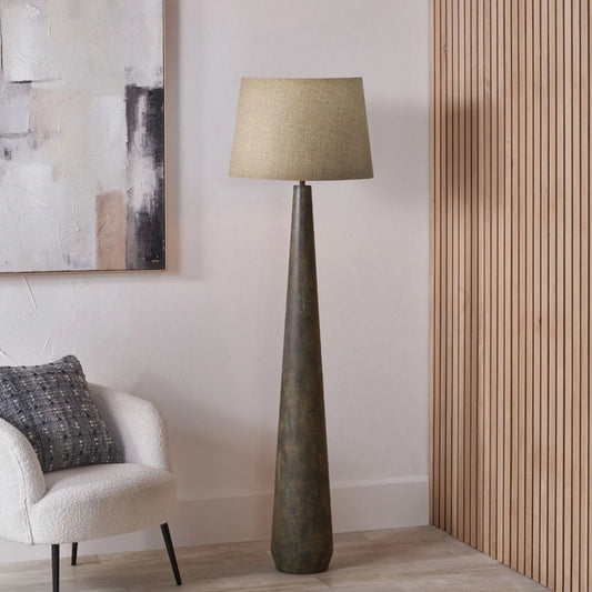 Brown & Green Aged Metal Floor Lamp with 50cm Natural Linen Tapered Shade 162x50x50cm | Click Style
