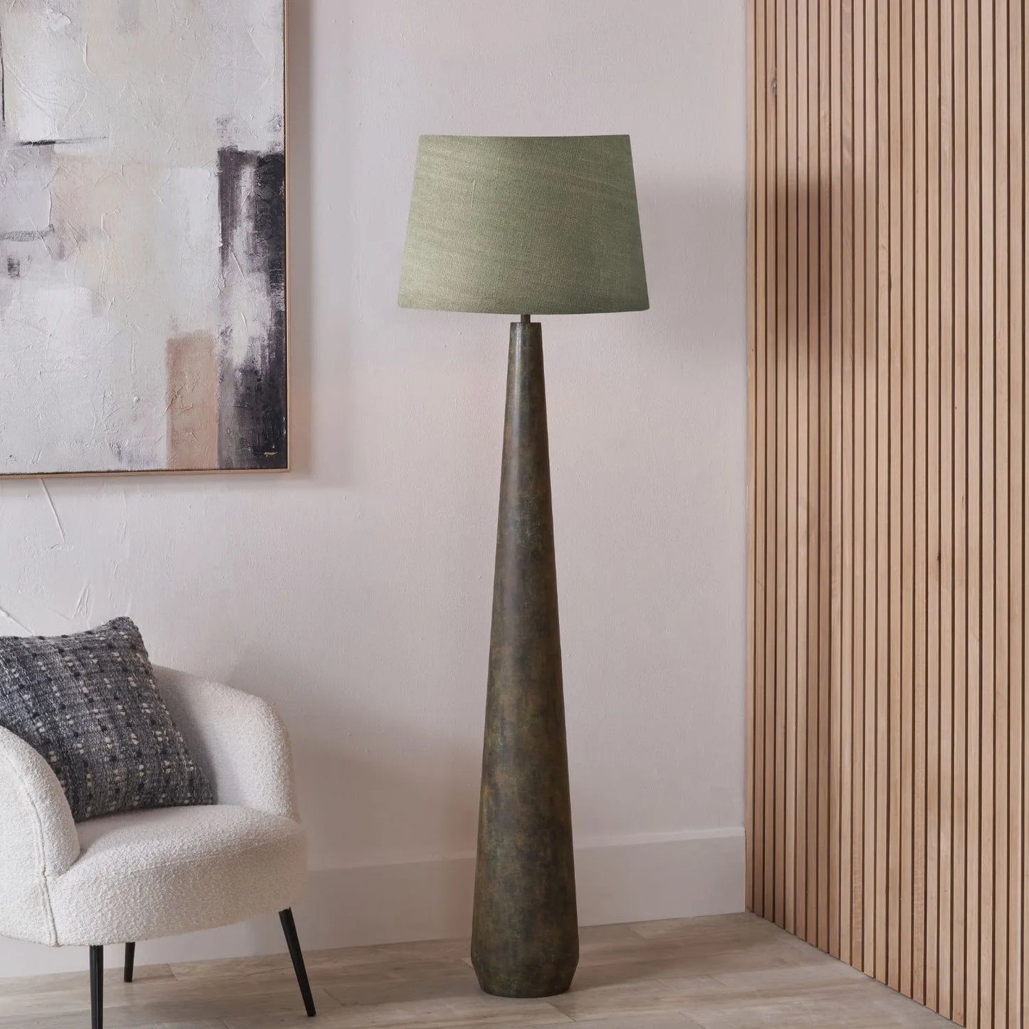 Brown & Green Aged Metal Floor Lamp with 50cm Pistachio Green Linen Tapered Shade 158x50x50cm | Click Style