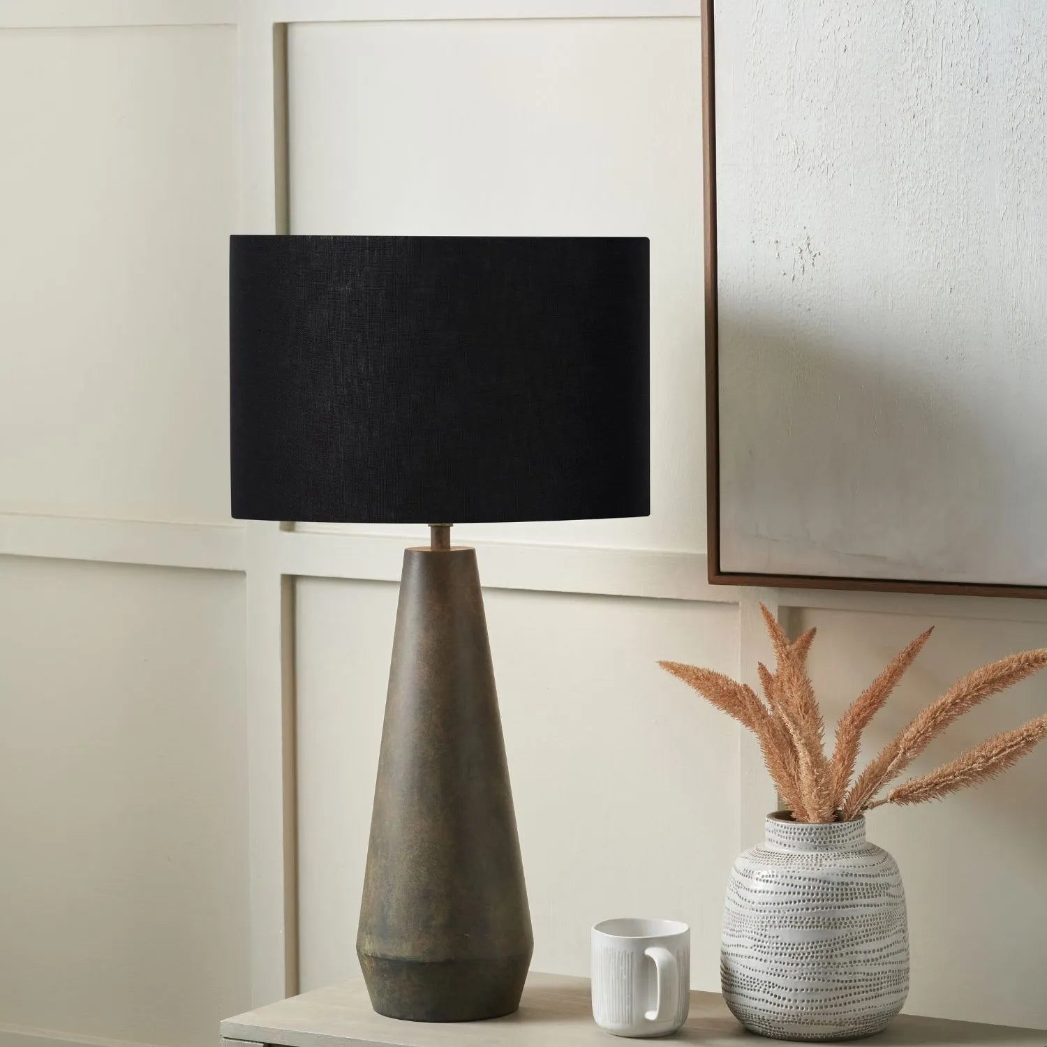 Brown & Green Aged Metal Tapered Table Lamp with 40cm Black Self-Lined Linen Drum Shade – Sculptural Bedside & Side Table Light 76x40x40cm | Click Style