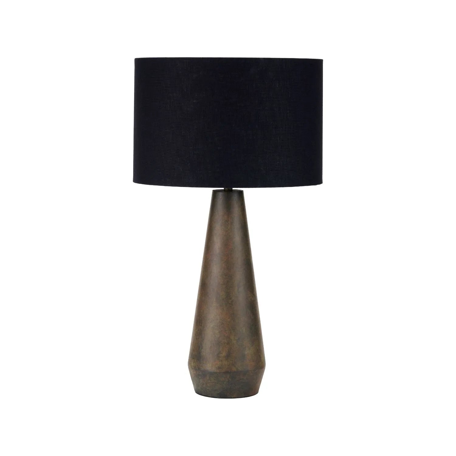 Brown & Green Aged Metal Tapered Table Lamp with 40cm Black Self-Lined Linen Drum Shade – Sculptural Bedside & Side Table Light 76x40x40cm | Click Style