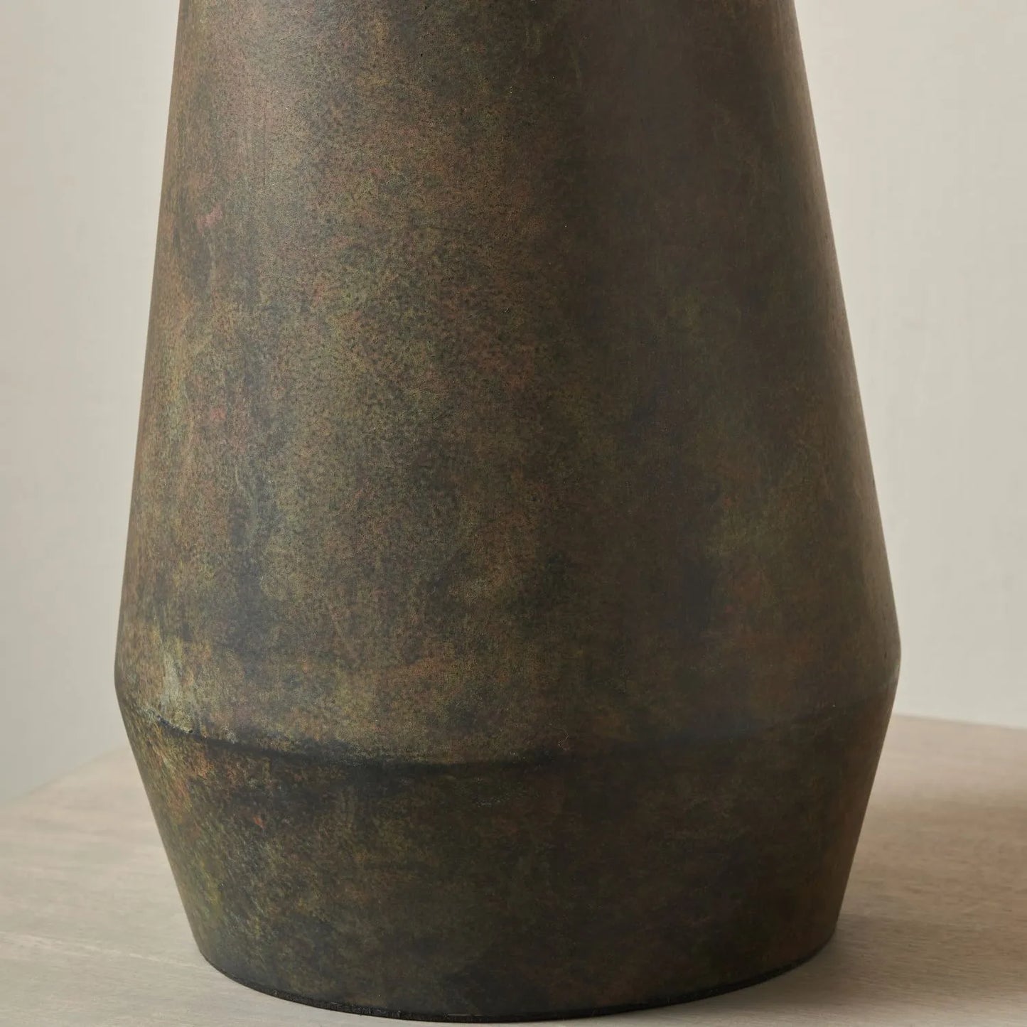 Brown & Green Aged Metal Tapered Table Lamp with 40cm Natural Linen Tapered Shade – Sculptural Bedside & Side Table Light 73x40x40cm | Click Style