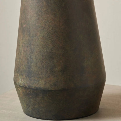 Brown & Green Aged Metal Tapered Table Lamp with 40cm Natural Linen Tapered Shade – Sculptural Bedside & Side Table Light 73x40x40cm | Click Style