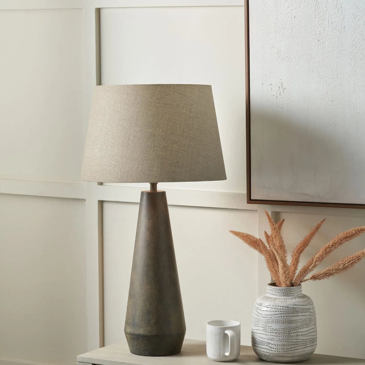 Brown & Green Aged Metal Tapered Table Lamp with 40cm Natural Linen Tapered Shade – Sculptural Bedside & Side Table Light 73x40x40cm | Click Style