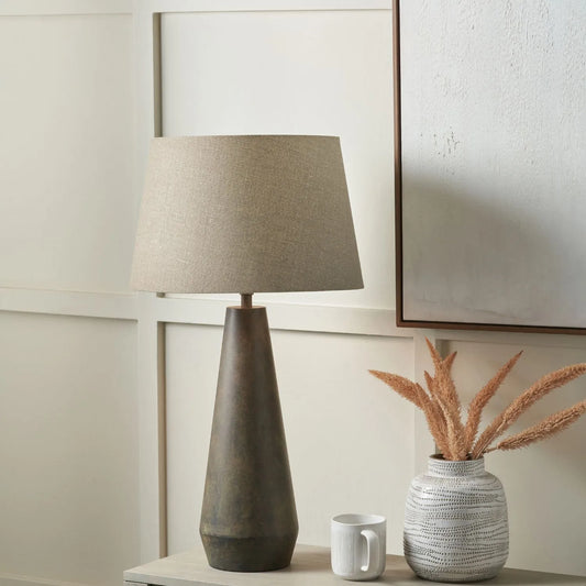 Brown & Green Aged Metal Tapered Table Lamp with 40cm Natural Linen Tapered Shade – Sculptural Bedside & Side Table Light 73x40x40cm | Click Style