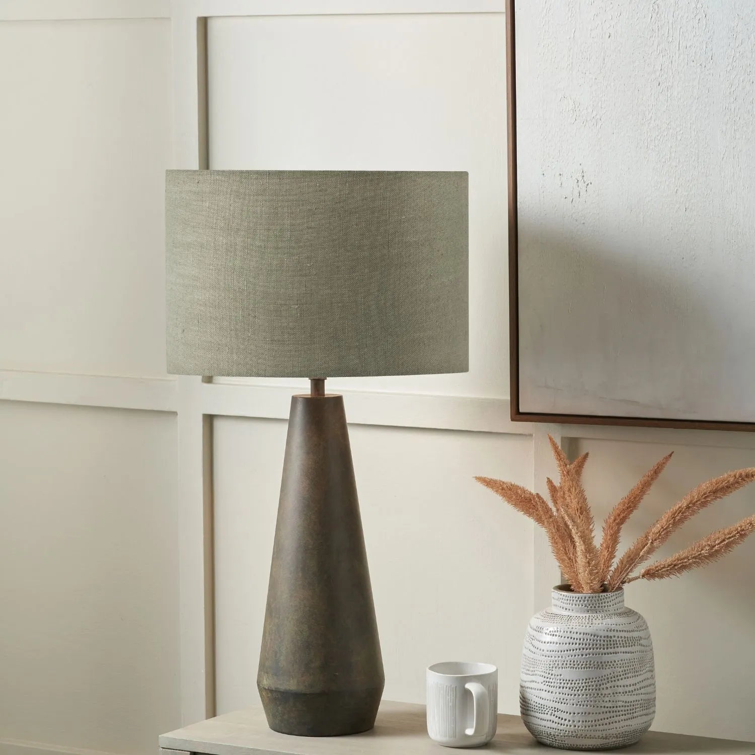 Brown & Green Aged Metal Tapered Table Lamp with 40cm Pistachio Green Linen Drum Shade – Sculptural Bedside & Side Table Light 76x40x40cm | Click Style