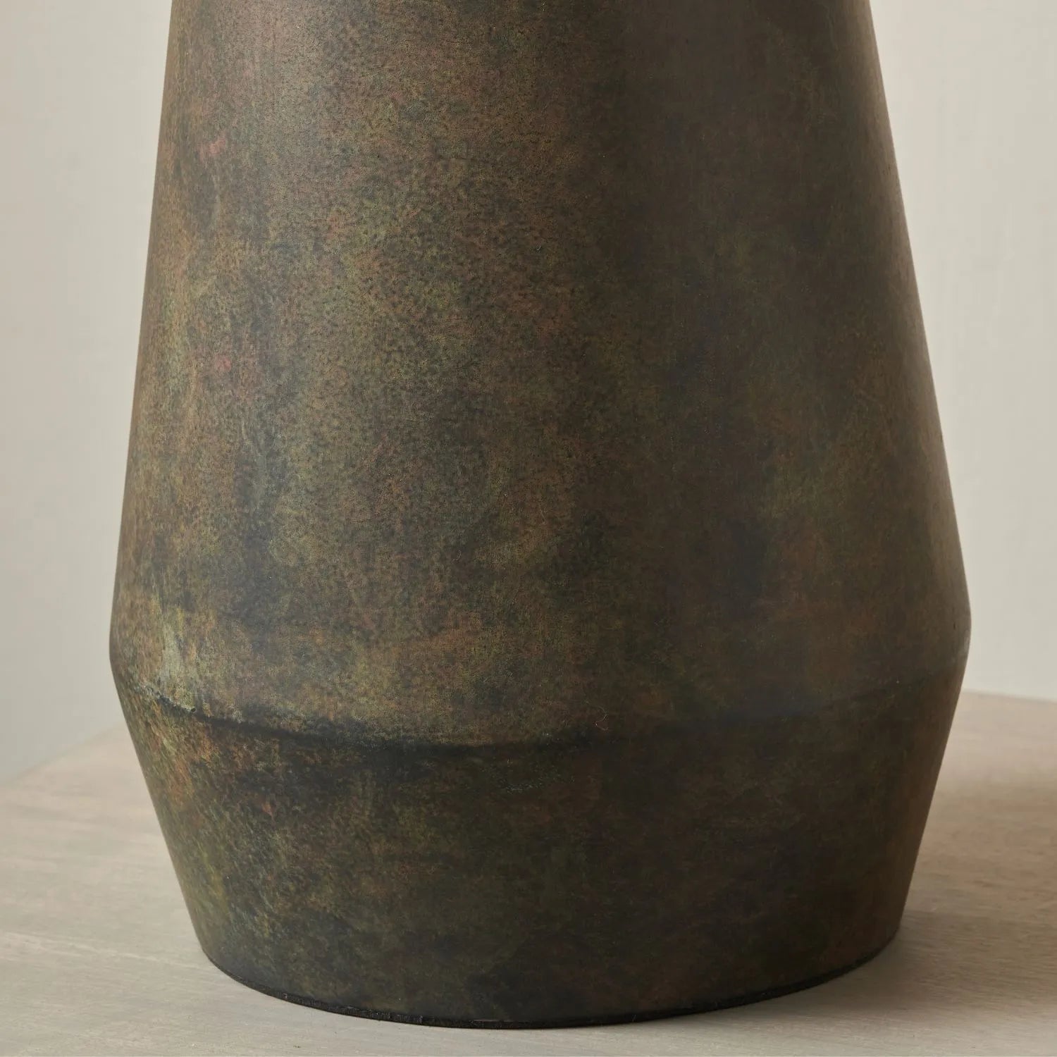 Brown & Green Aged Metal Tapered Table Lamp with 40cm Pistachio Green Linen Drum Shade – Sculptural Bedside & Side Table Light 76x40x40cm | Click Style