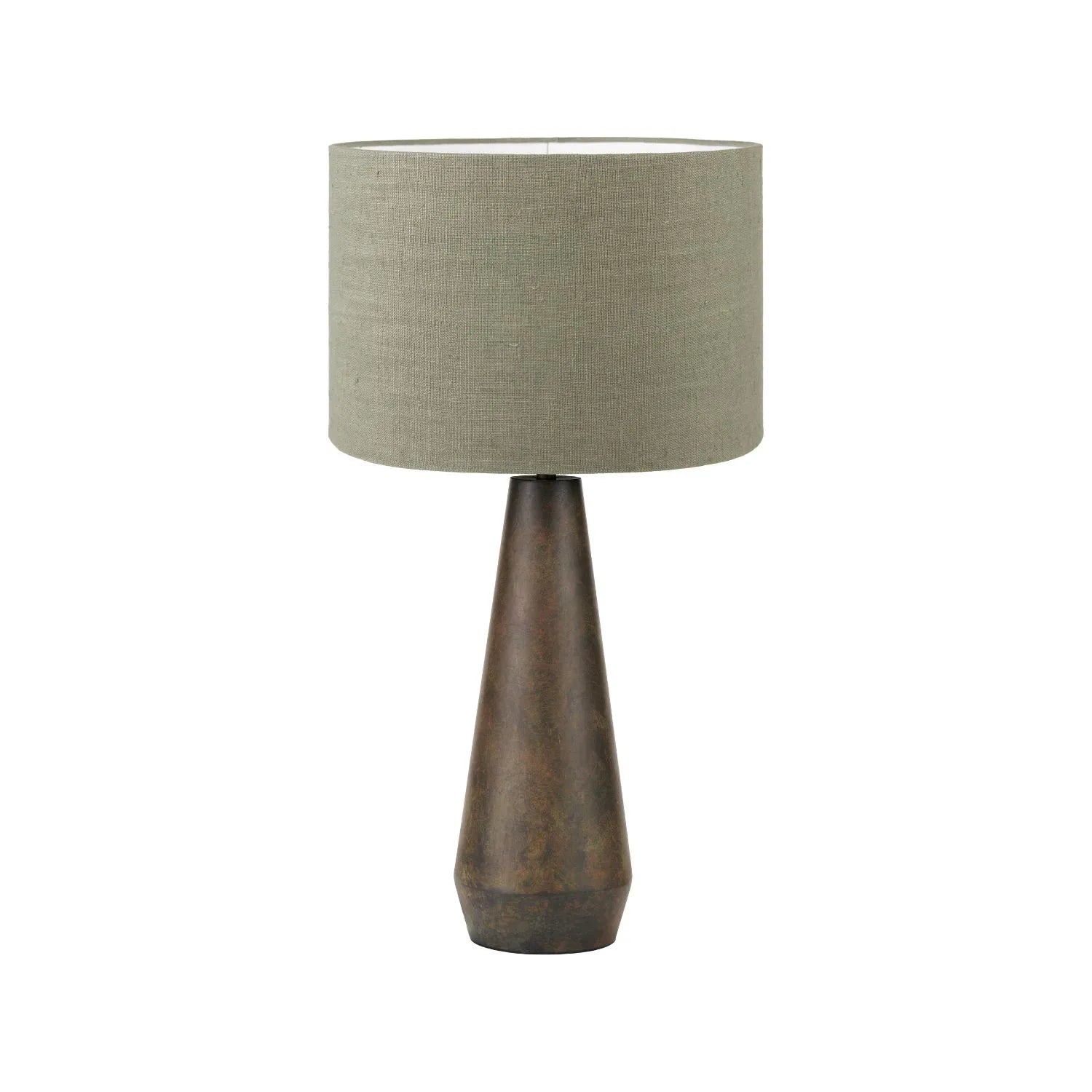 Brown & Green Aged Metal Tapered Table Lamp with 40cm Pistachio Green Linen Drum Shade – Sculptural Bedside & Side Table Light 76x40x40cm | Click Style