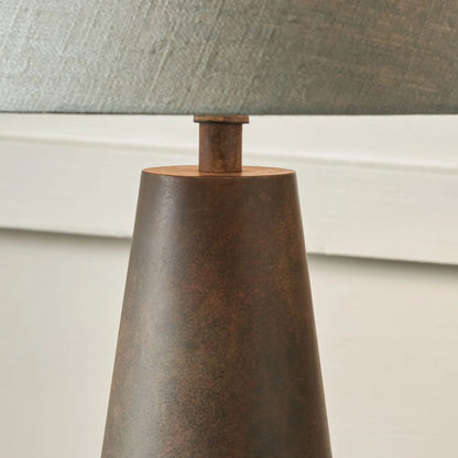 Brown & Green Aged Metal Tapered Table Lamp with 40cm Pistachio Green Linen Tapered Shade – Sculptural Bedside & Side Table Light 73x40x40cm | Click Style