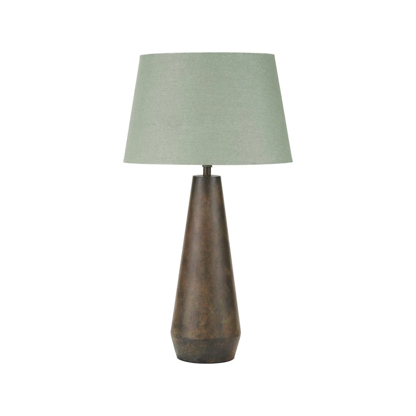 Brown & Green Aged Metal Tapered Table Lamp with 40cm Pistachio Green Linen Tapered Shade – Sculptural Bedside & Side Table Light 73x40x40cm | Click Style