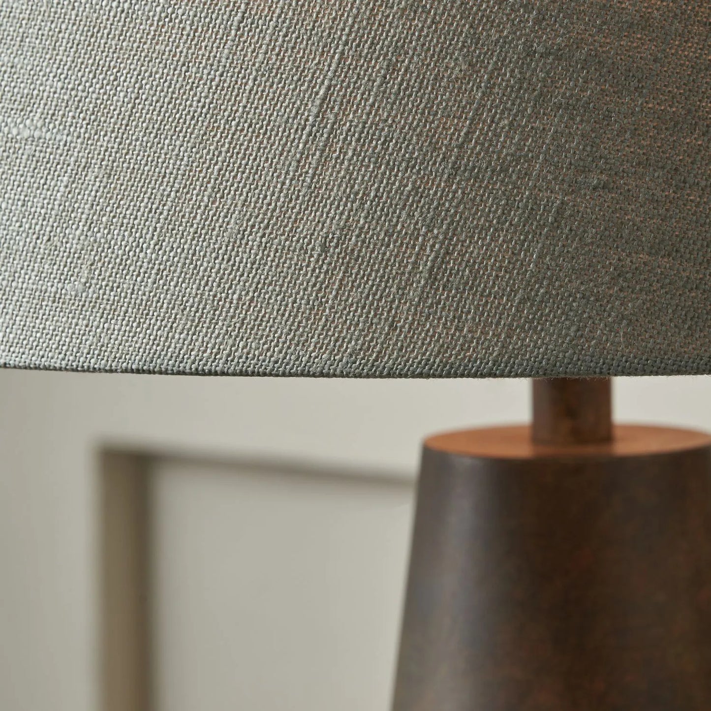 Brown & Green Aged Metal Tapered Table Lamp with 40cm Pistachio Green Linen Tapered Shade – Sculptural Bedside & Side Table Light 73x40x40cm | Click Style