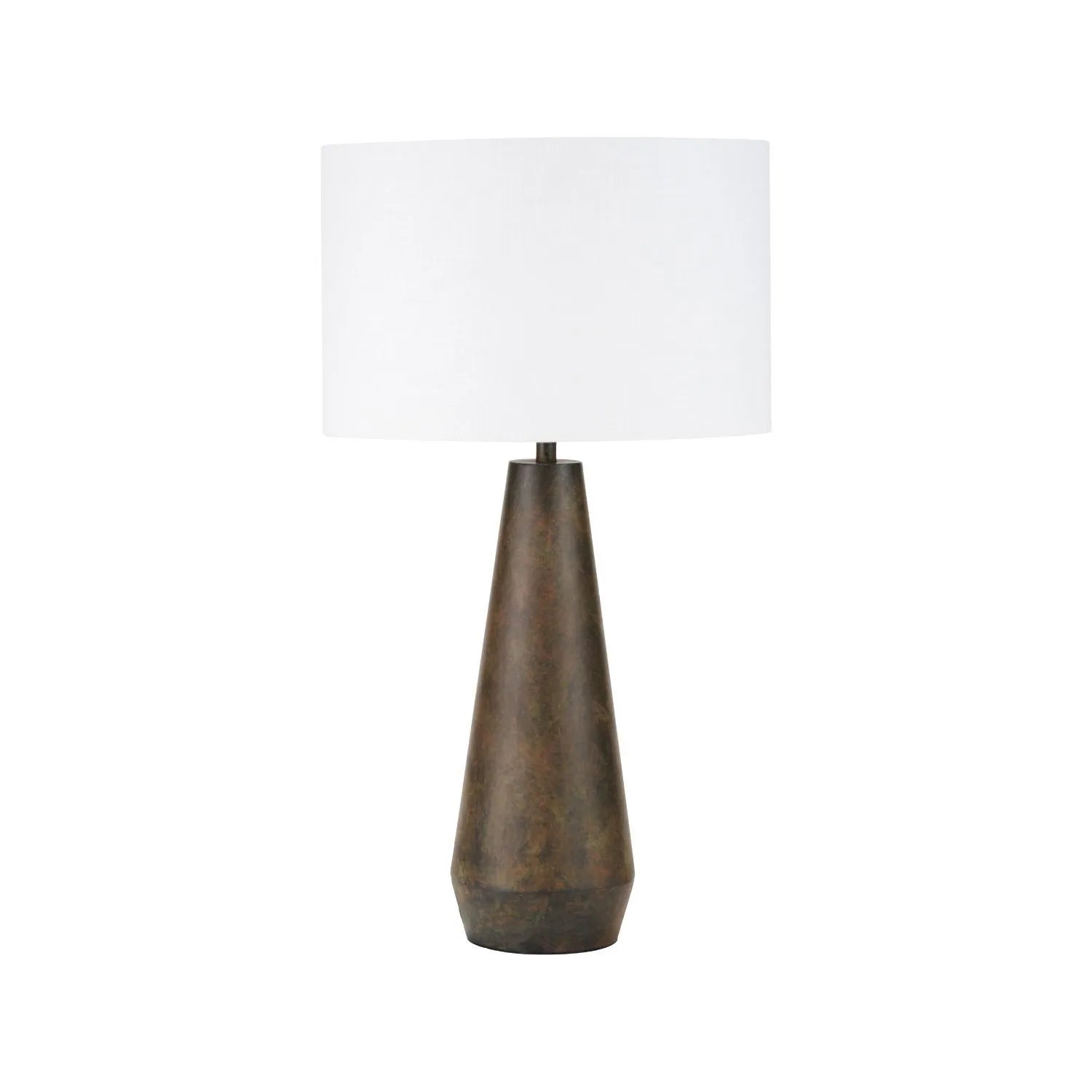Brown & Green Aged Metal Tapered Table Lamp with 40cm White Self-Lined Linen Drum Shade – Sculptural Bedside & Side Table Light 76x40x40cm | Click Style