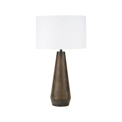 Brown & Green Aged Metal Tapered Table Lamp with 40cm White Self-Lined Linen Drum Shade – Sculptural Bedside & Side Table Light 76x40x40cm | Click Style