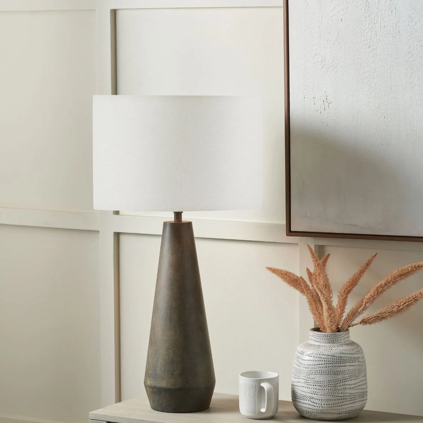 Brown & Green Aged Metal Tapered Table Lamp with 40cm White Self-Lined Linen Drum Shade – Sculptural Bedside & Side Table Light 76x40x40cm | Click Style