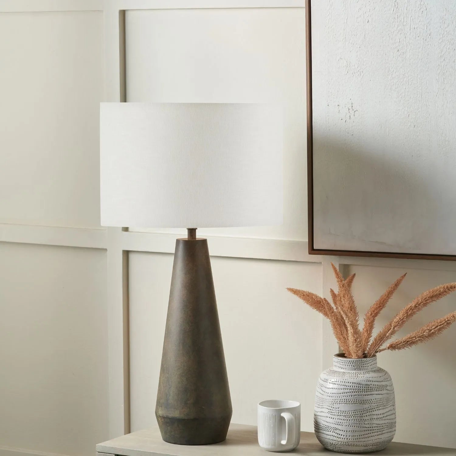 Brown & Green Aged Metal Tapered Table Lamp with 40cm White Self-Lined Linen Drum Shade – Sculptural Bedside & Side Table Light 76x40x40cm | Click Style