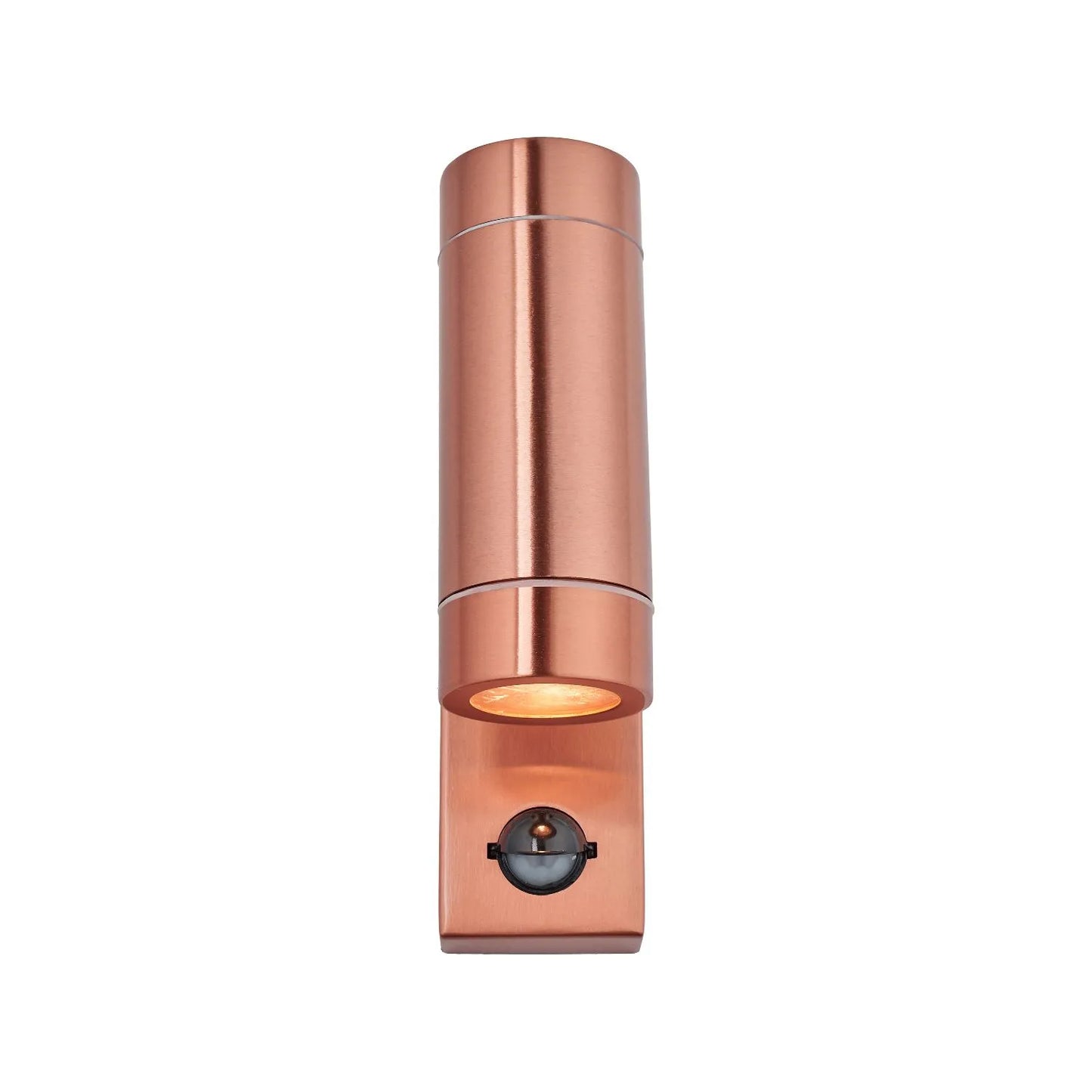 Brushed Copper Outdoor Up & Down PIR Motion Sensor Wall Light Illuminating an Exterior Wall with Dual Up and Down Light Beams | Click Style