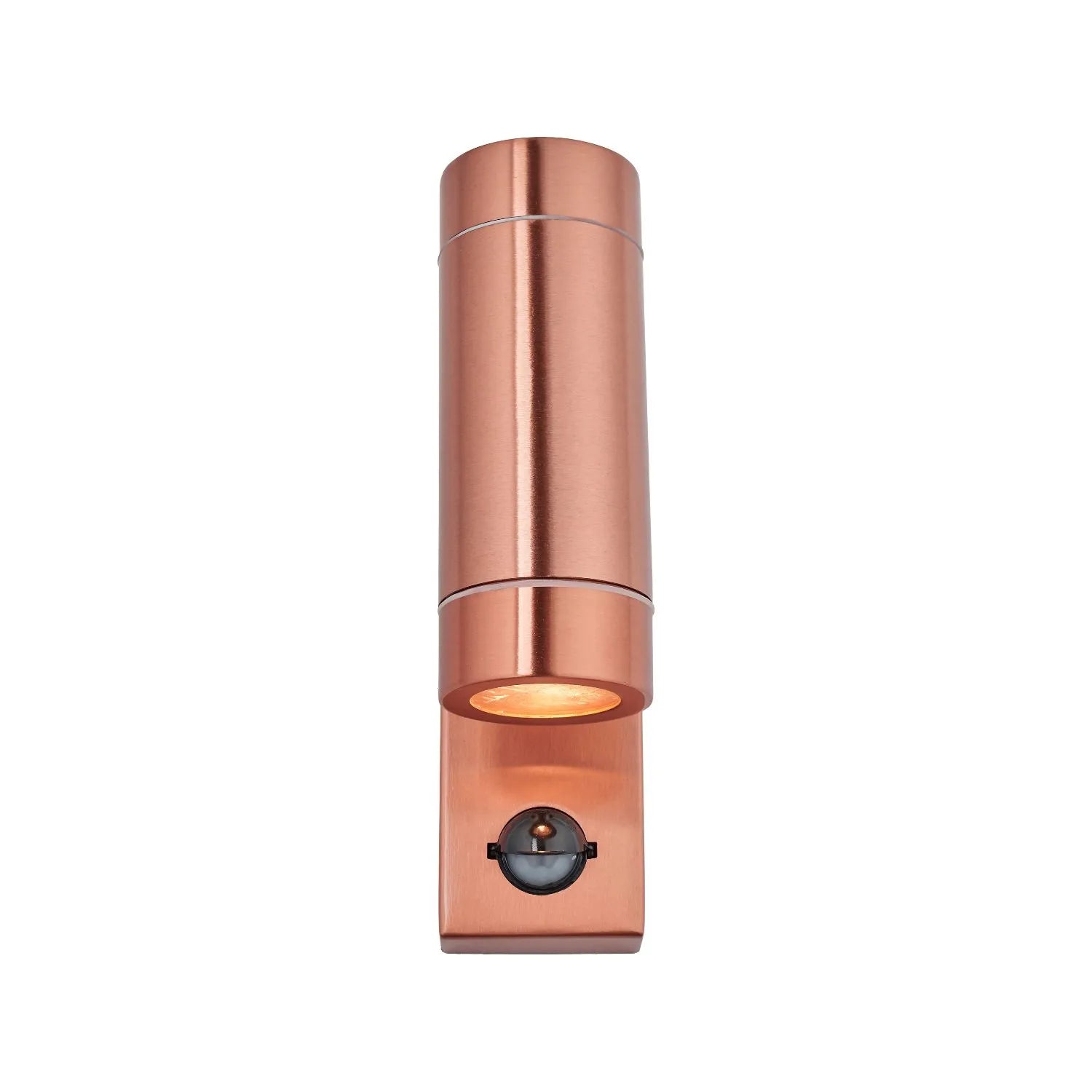 Brushed Copper Outdoor Up & Down PIR Motion Sensor Wall Light Illuminating an Exterior Wall with Dual Up and Down Light Beams | Click Style