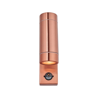 Brushed Copper Outdoor Up & Down PIR Motion Sensor Wall Light Illuminating an Exterior Wall with Dual Up and Down Light Beams | Click Style